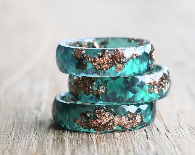 Jade Green Ring With Rose Gold Leaf - Faceted Ring - Minimalist Stacking Ring - Resin Jewelry