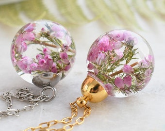 Dainty Pink Heather Necklace - Resin Sphere Pendant- Scottish Heather Resin Jewelry - Dried Flower Resin Jewelry