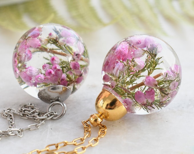 Dainty Pink Heather Necklace - Resin Sphere Pendant- Scottish Heather Resin Jewelry - Dried Flower Resin Jewelry