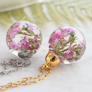 Dainty Pink Heather Necklace - Resin Sphere Pendant- Scottish Heather Resin Jewelry - Dried Flower Resin Jewelry
