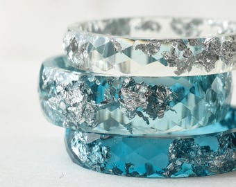 Ocean Ring Stack – 3 Faceted Resin Bands, Blue Silver Layered Set
