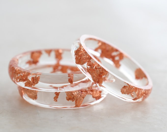 Smooth Transparent Resin Ring with Rose Gold Leaf - Minimalist Ring for Her - Handmade Resin Jewelry