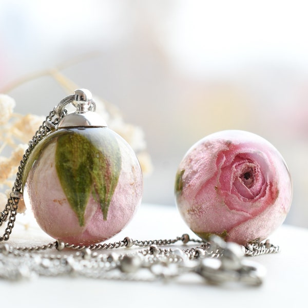 Real Light Pink Rosebud Resin Sphere Pendant Necklace - Valentines Day Jewelry - Real Rose Necklace