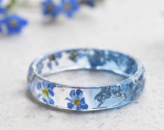 Anillo de resina Nomeolvides / Aguamarina, copos de plata, regalo para amigos