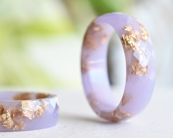 Pastel Purple Resin Ring with Gold Flakes - Faceted Resin Band