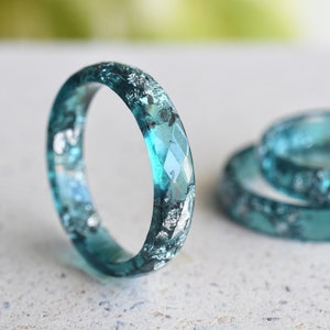 Teal Faceted Resin Ring With Silver Flakes - Thin Stacking Ring - Unconventional Engagement Ring - Resin Jewelry