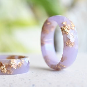 Pastel Purple Resin Ring with Gold Flakes - Faceted Resin Band