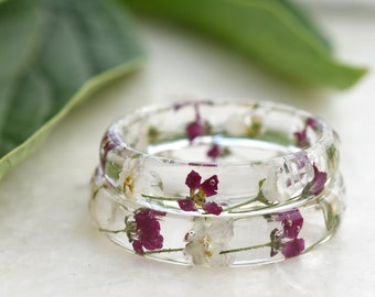 Bague de fiançailles inspirée de la nature - Bague en résine de pureté pour elle - Véritables bijoux en fleurs séchées