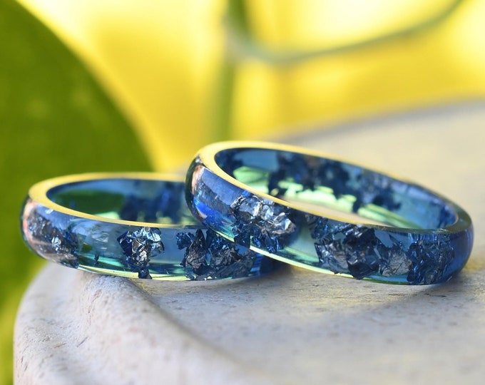 Navy Blue Ring with Silver Accents - Stacking Blue Resin Ring for Him - Unisex Blue Ring Silver Leaf