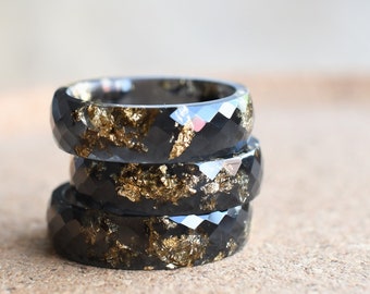 Black Ring With Gold Leaf - Alternative Black Resin Ring - Faceted Men's Ring