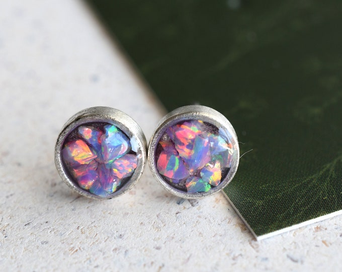 Shimmering Opal Stud Earrings - Antiqued Silver Post Earrings - Epoxy Resin Jewelry