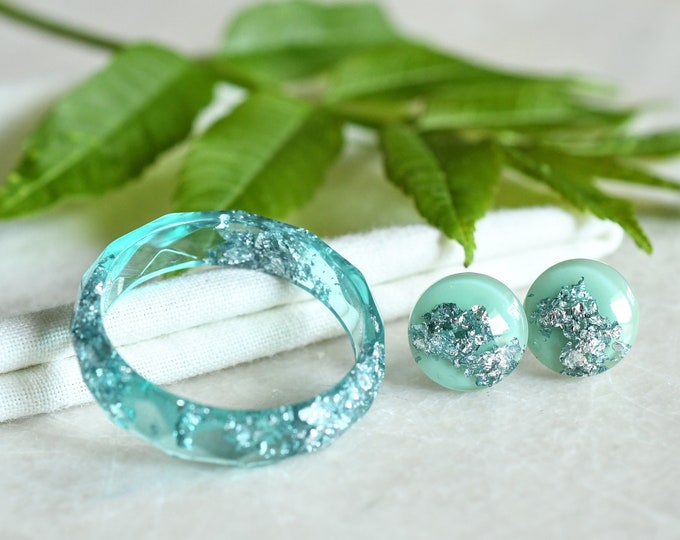 Aquamarine Jewelry Set - Resin Ring Stud Earrings with Silver Flakes - Surgical Steel Post Earrings