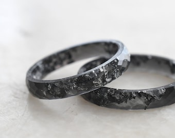 Black Resin Ring With Silver Leaf - Black Men's Ring - Thin Faceted Stacking Ring