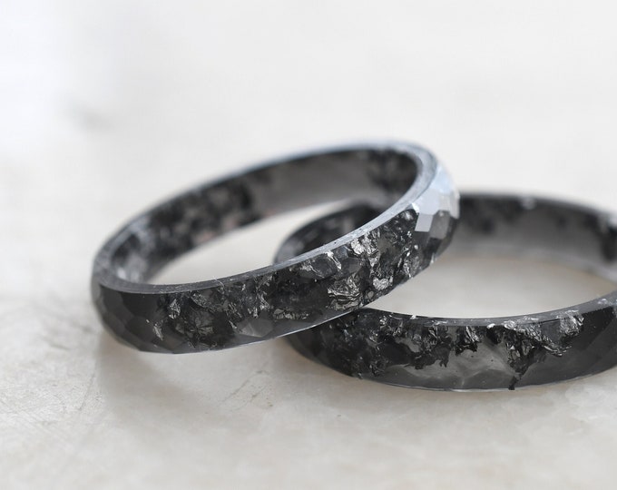 Black Resin Ring With Silver Leaf - Black Men's Ring - Thin Faceted Stacking Ring