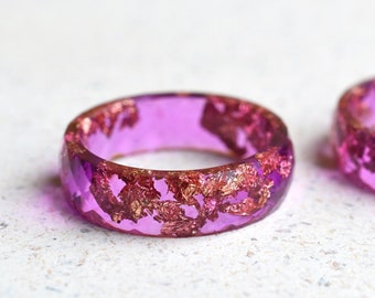 Pink Magenta Resin Ring with Gold Leaf – Faceted and Unique Resin Ring - Epoxy Resin Jewelry