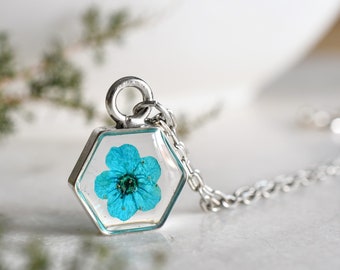 Blue Pressed Flower Terrarium Necklace - Real Dried Flower Resin Necklace  - Resin Jewelry