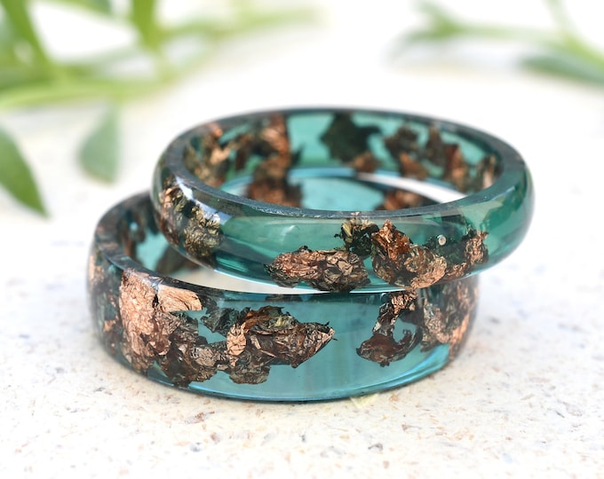 Matching Promise Rings - Jade Green Color with Rose Gold Leaf - Smooth Band Ring