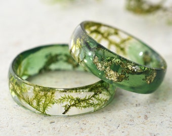 Natural Moss Promise Ring - Resin and Gold Leaf Two Sided Band - Green Woodland Engagement Ring