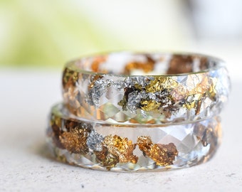 Transparent Faceted Ring With Mixed Metallic Flakes - Resin Ring - Alternative Ring - Resin Jewelry