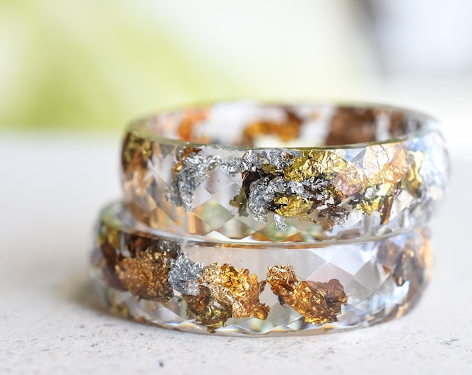 Transparent Faceted Ring With Mixed Metallic Flakes - Resin Ring - Alternative Ring - Resin Jewelry