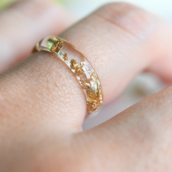 Smooth Gold Leaf Ring in Transparent Resin - Promise Ring for Her - Resin Costume Jewelry