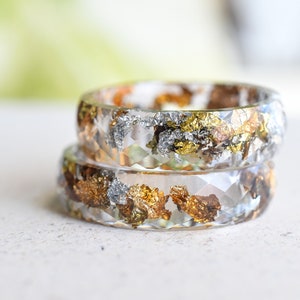 Transparent Faceted Ring With Mixed Metallic Flakes - Resin Ring - Alternative Ring - Resin Jewelry