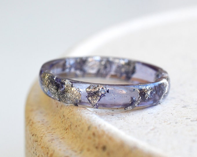 Handcrafted Amethyst Colored Resin Ring with Silver Leaf - Alternative February birthstone ring