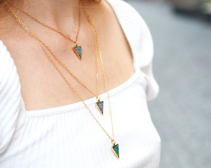 Pink Opal Gold Layering Necklace - Crushed Opal Pendant - Resin Jewelry