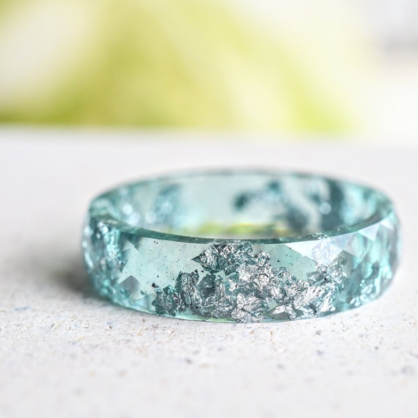 Aquamarine Resin Ring With Silver Leaf - Alternative Engagement Ring