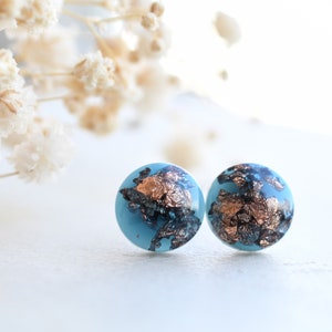 Blue Stud Earrings with Copper Flakes - Surgical Steel Post Earrings - Resin Jewelry