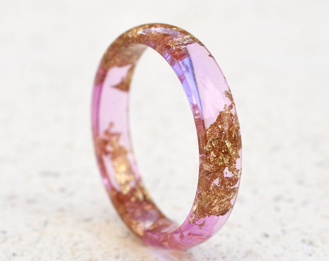 Peony Pink Gold Leaf Ring - Smooth Dainty Resin Ring for Her - Stacking Ring