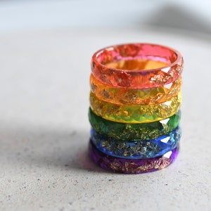 Rainbow Resin Rings With Gold Leaf - Thin Stacking Ring - Subtle Pride Resin Jewelry