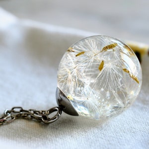 Dandelion Seed Necklace - Resin Sphere Pendant- Make a Wish Resin Jewelry - Pressed Flower Resin Jewelry