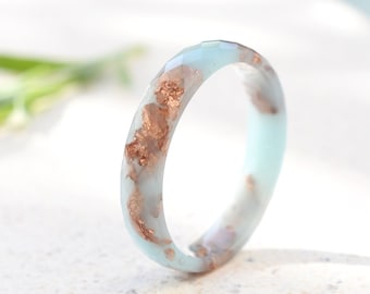 Baby Blue Resin Ring with Rose Gold Leaf – Delicate Faceted Promise or Purity Ring
