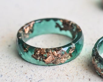 Jade Resin Ring With Rose Gold Leaf - Faceted Ring - Unconventional Stacking Ring - Resin Jewelry