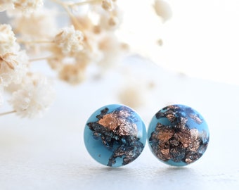 Blue Stud Earrings with Copper Flakes - Surgical Steel Post Earrings - Resin Jewelry