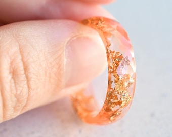 Peach Faceted Resin Ring with Gold Flakes - Faceted Band Ring - Resin Stacking Ring - Minimal Resin Jewelry