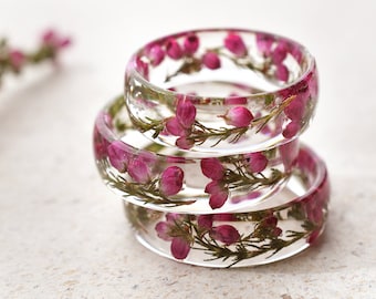 Resin Ring with Real Dried Pink Heather Flowers - Flower Wedding Band - Dried Flowers Jewelry