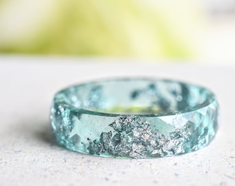 Aquamarine Resin Ring With Silver Leaf - Alternative Engagement Ring