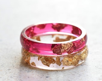 Gold Leaf Transparency & Cherry Red Charm – Perfect for You or Both - Smooth Couples Ring Bands - Glossy Resin Stacking Rings Set