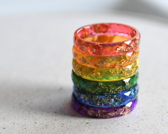 Rainbow Resin Rings With Gold Leaf - Thin Stacking Ring - Subtle Pride Resin Jewelry