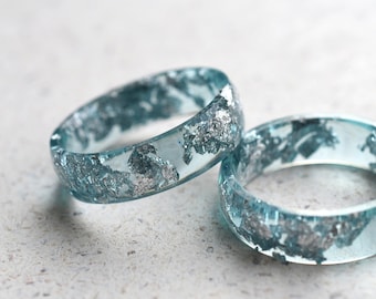 Smooth Aquamarine Resin Ring With Silver Leaf - Alternative Engagement Ring