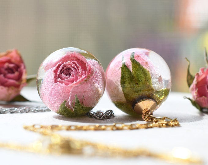 Real Light Pink Rosebud Resin Sphere Pendant Necklace - Dried Flower Jewelry for Her - Real Rose Necklace