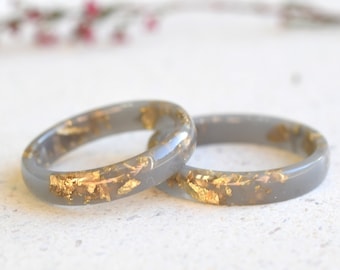Handmade Resin Ring with Gold Leaf - Unique Matte Gray Ring - Thin Stacking Ring