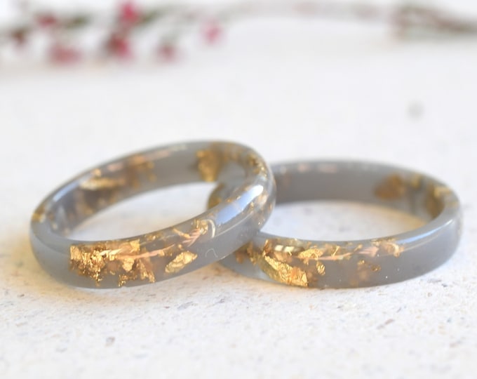Handmade Resin Ring with Gold Leaf - Unique Matte Gray Ring - Thin Stacking Ring