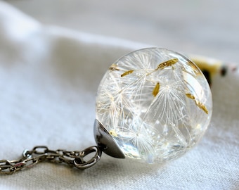 Dandelion Seed Necklace - Resin Sphere Pendant- Make a Wish Resin Jewelry - Pressed Flower Resin Jewelry