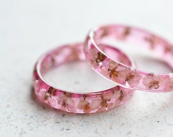 Delicate Pink Resin Promise Ring with White Alyssum Dried Flowers - Ring for Her - Pressed Flower Jewelry