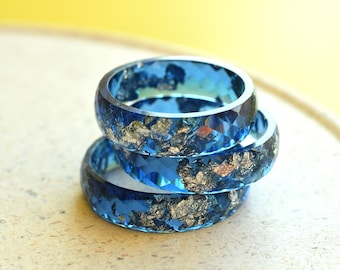 Navy Blue Faceted Ring with Silver Leaf - Sophisticated Statement Piece - Men's Rings - Unisex Resin Ring