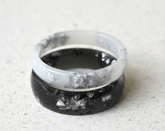 Matching Couples Ring set - Black and white with Silver Leaf - His and Hers Band Ring - Epoxy Resin Ring
