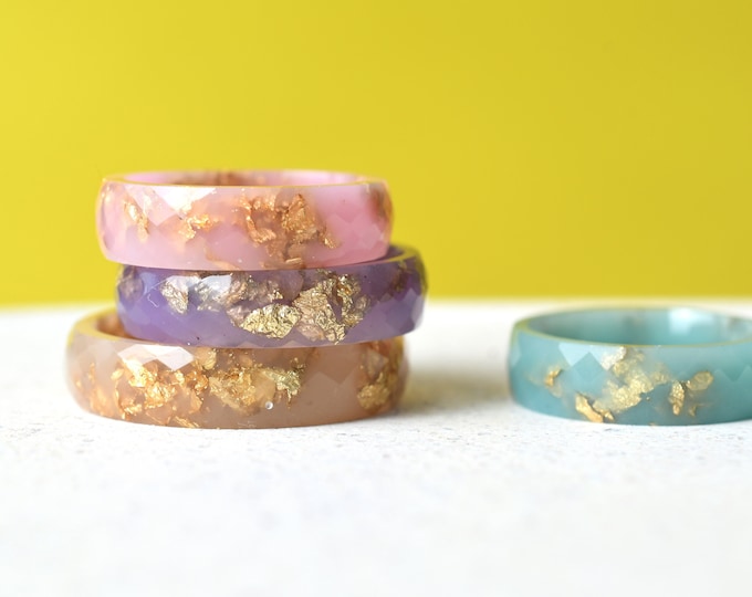 Pastel Colors Resin Rings with Gold Leaf - Wide Faceted Rings - Pink, Blue, Purple and Nude Rings